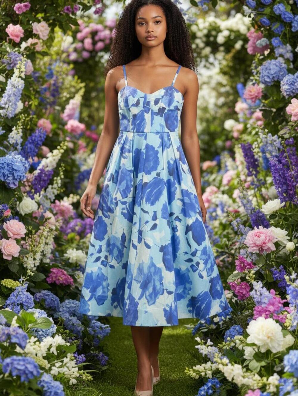 Milly Blue Floral Spaghetti Strap Midi Dress